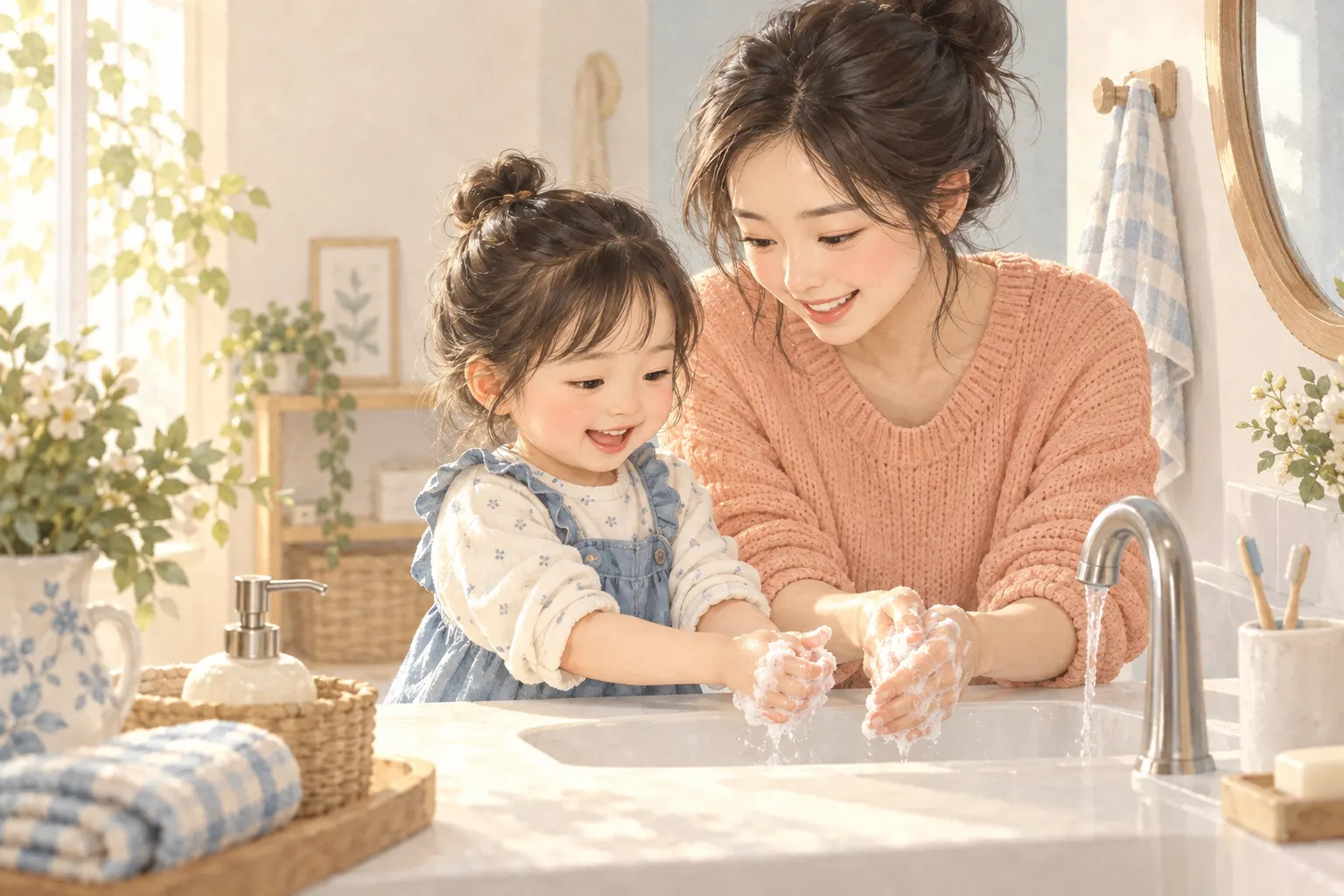 엄마와 아이가 함께 손을 씻는 그림