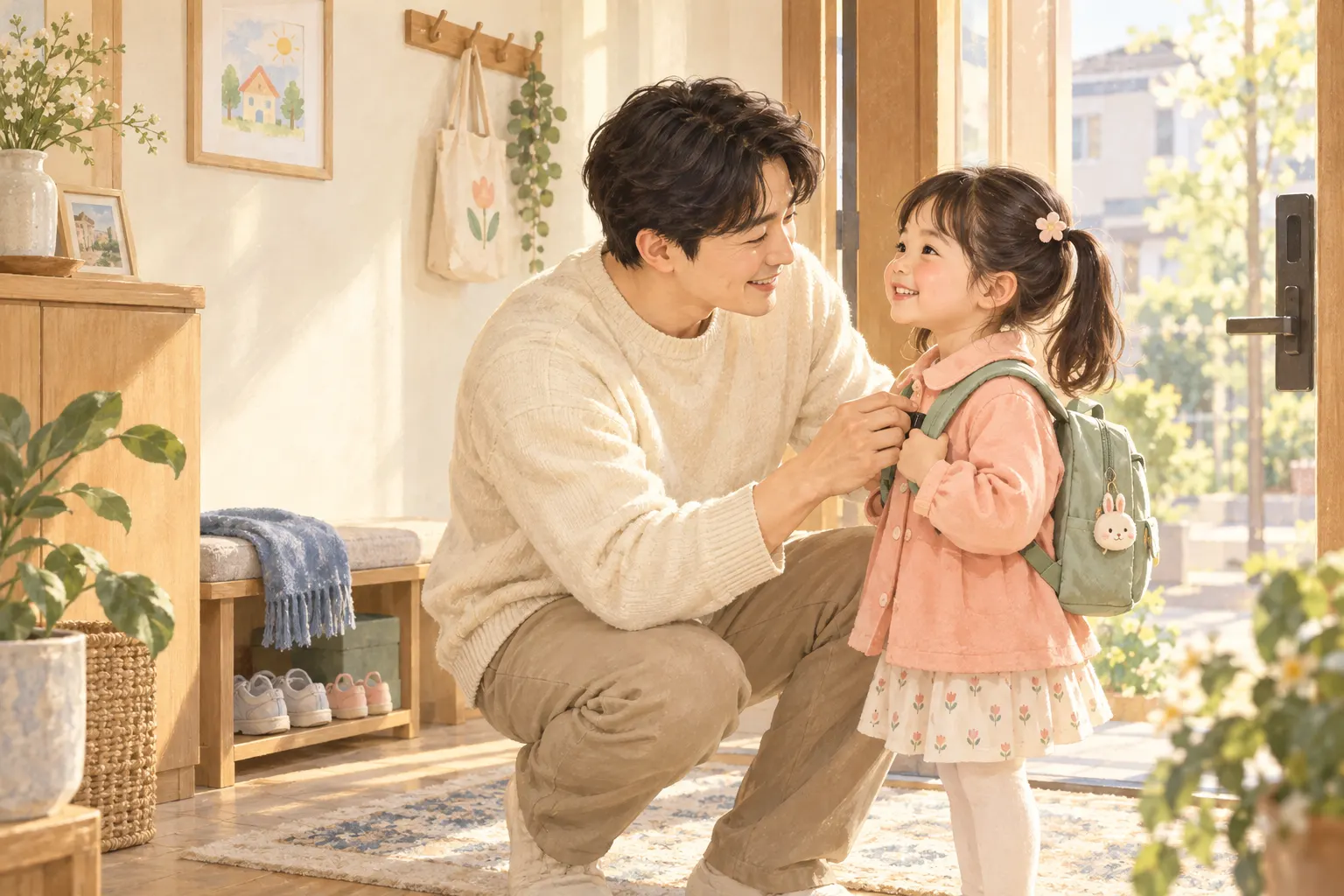 아빠가 아이의 등원 가방을 챙겨 주는 그림
