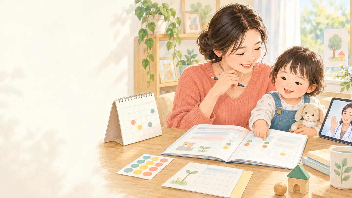 아이의 예방접종 기록과 달력을 확인하며 보충 일정을 준비하는 보호자 일러스트
